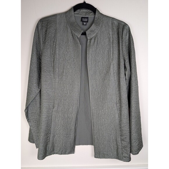 EILEEN FISHER Womens Tussan Silk Open Front Jacket Dim Sage Green Sz M Elegant - Picture 1 of 11
